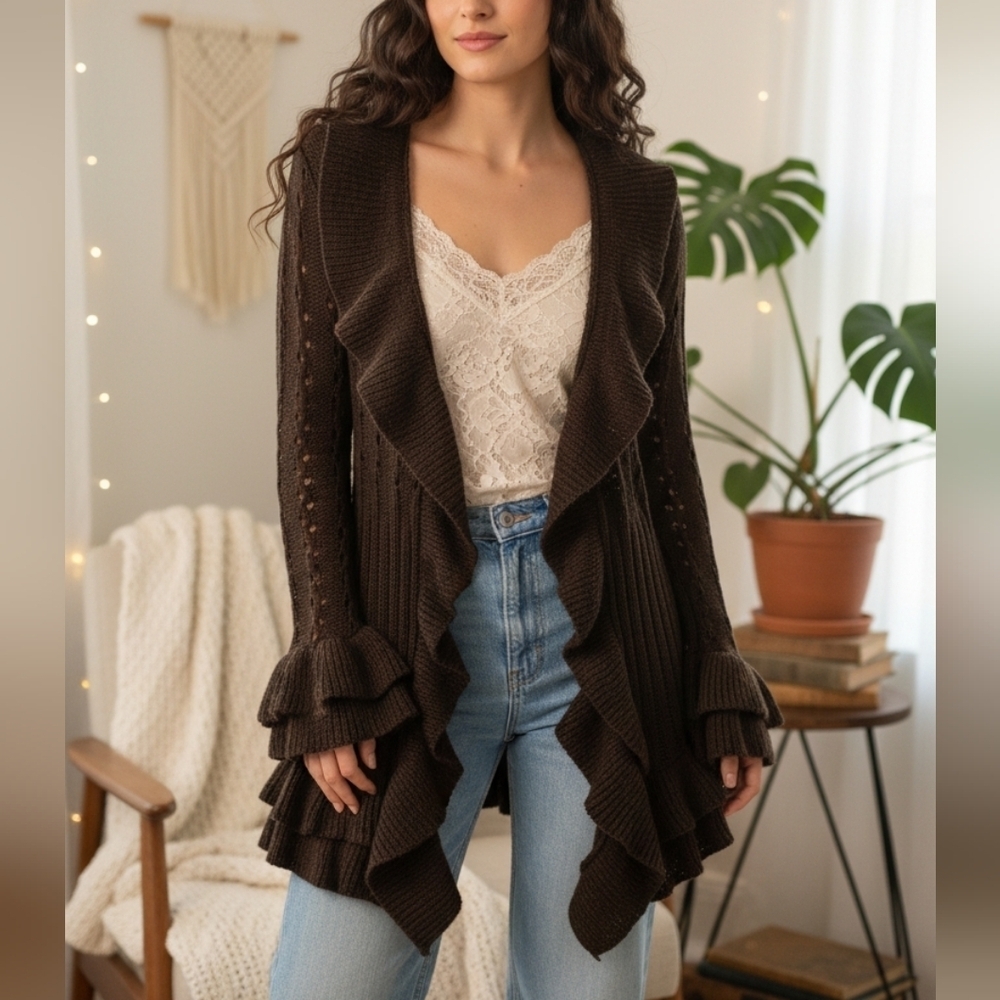 Vintage Cascade Ruffle Cardigan L Y2K Fairy Boho Goth Cottagecore Bell Cuffs